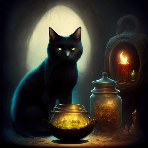 Black cat next to a cauldron