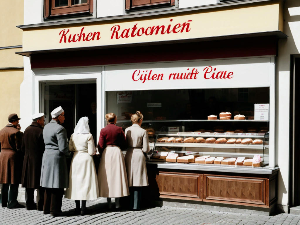 a traditional Austrian bakery, with a sign in the window reading 'Kuchen rationiert' (cake rationed), and customers waiting in line to purchase their allotted amount of cake