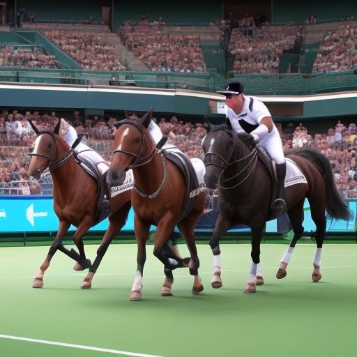 Umpires struggling to control horses on a tennis court