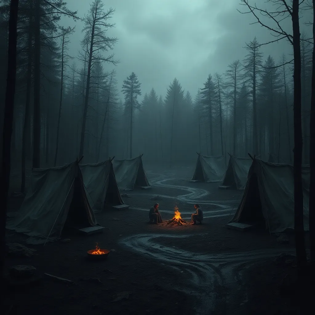A desolate village in a dense dark forest consisting only of tattered grey tents, muddy paths barely visible, people in rags sitting by a small campfire, gloomy atmosphere, hyper-realistic style