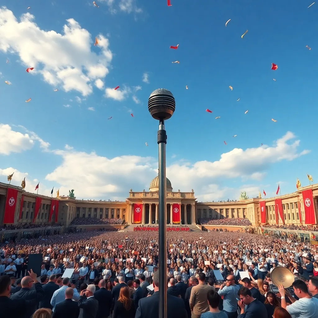 massive public square filled with synchronized singers rehearsing under banners, giant microphones aimed at the sky, brass bands, confetti, monumental statues, surreal patriotic opera spectacle, ultra detailed wide shot