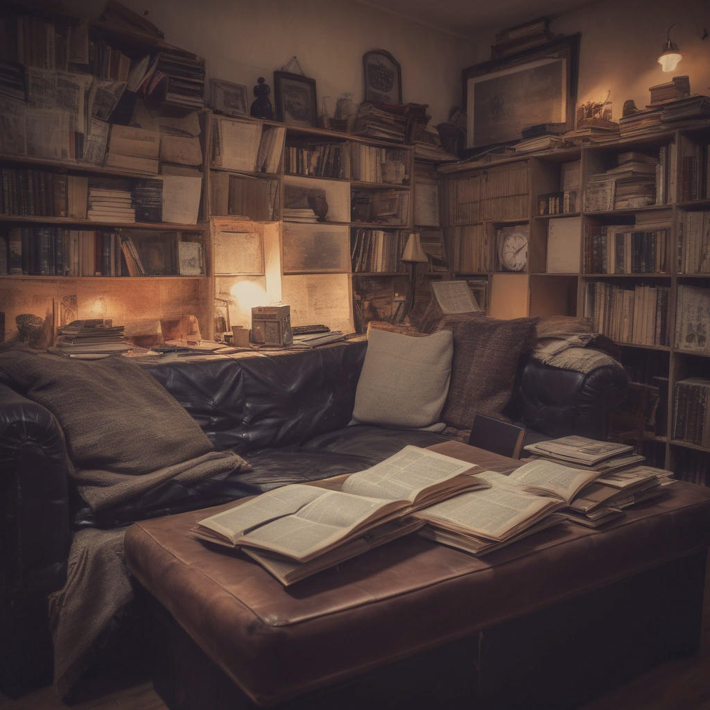 a person sitting on a couch, surrounded by books and papers, with a laptop open in front of them, warm lighting, cozy atmosphere, vintage decor, old books, messy room, creative space, artistic, inspirational, motivational, beautiful, elegant, striking, showstopping, appealing