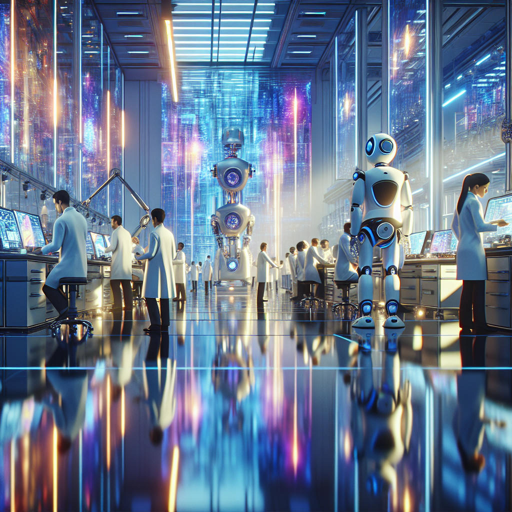 A futuristic laboratory with scientists and AI-powered robots working together to develop new sustainable energy solutions, vibrant colors, sleek equipment, and a sense of collaborative innovation, 4k, cinematic, photorealistic, concept art by Daniel Dociu and Loish