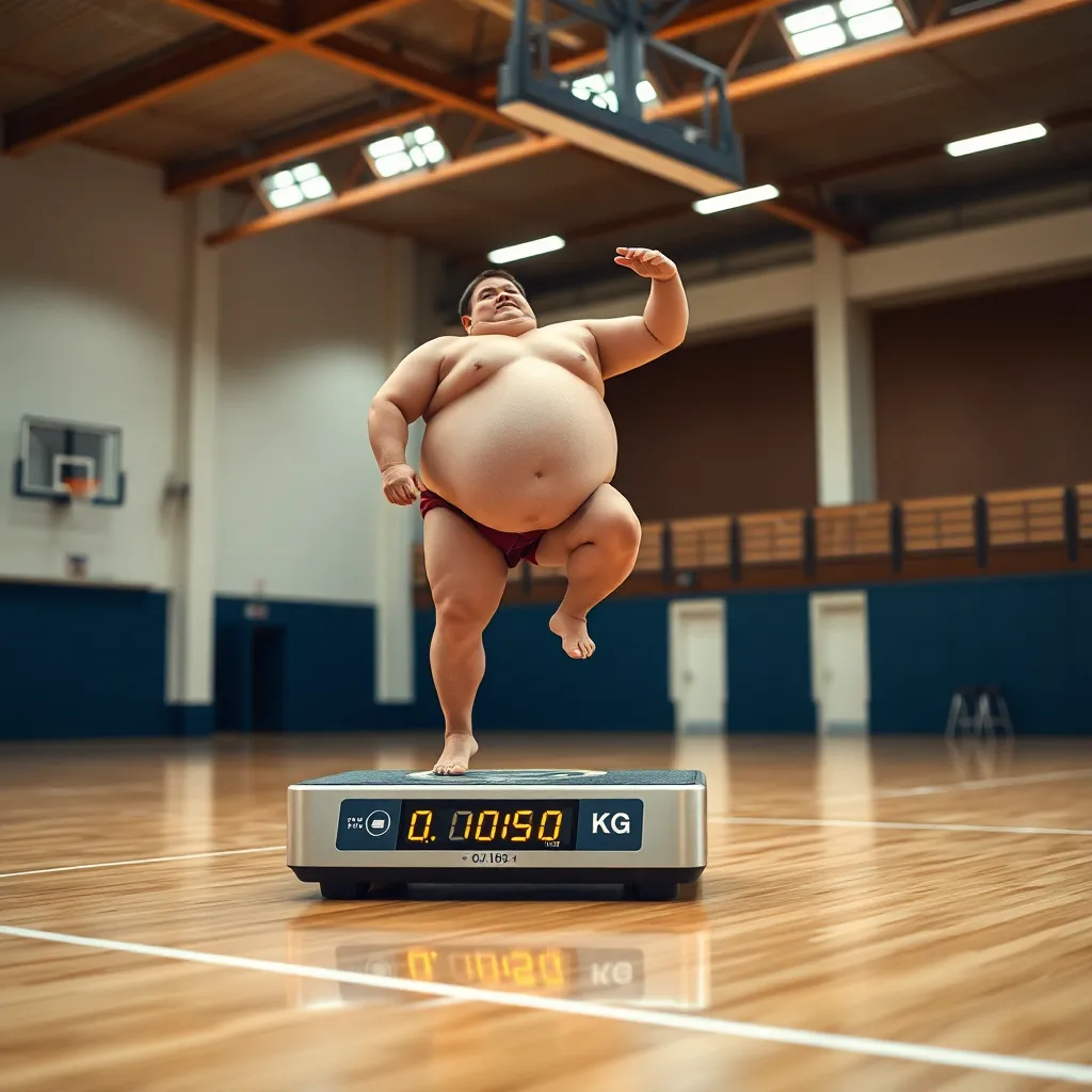 A high-tech digital scale in a gymnasium showing a reading of 0.0001kg while a tiny man in a sumo outfit jumps up and down on it in frustration