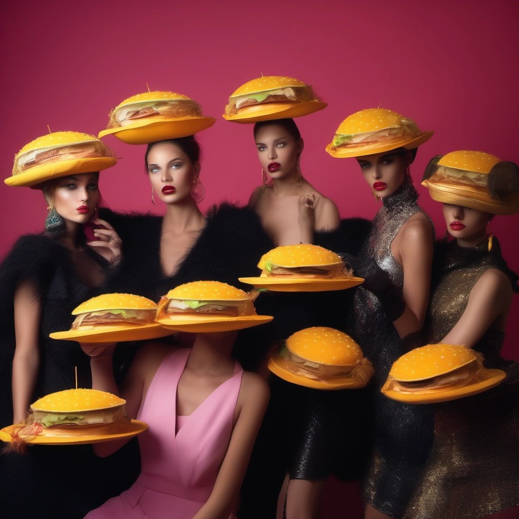 Fashion models wearing cheeseburger hats