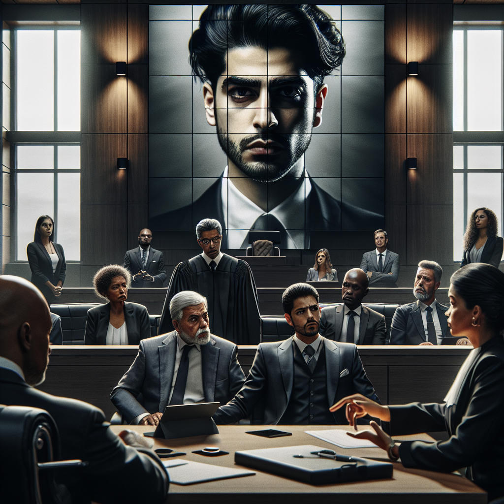 a dramatic courtroom scene with a digital artist on trial, intense atmosphere, detailed expressions, modern courtroom setting, high quality, photorealistic