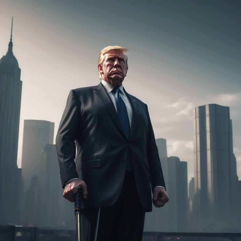 Donald Trump standing in front of a giant American flag, with a cityscape in the background, wearing a suit and holding a kung fu staff, confident and powerful, cinematic lighting, 4k, highly detailed, photorealistic, trending on artstation