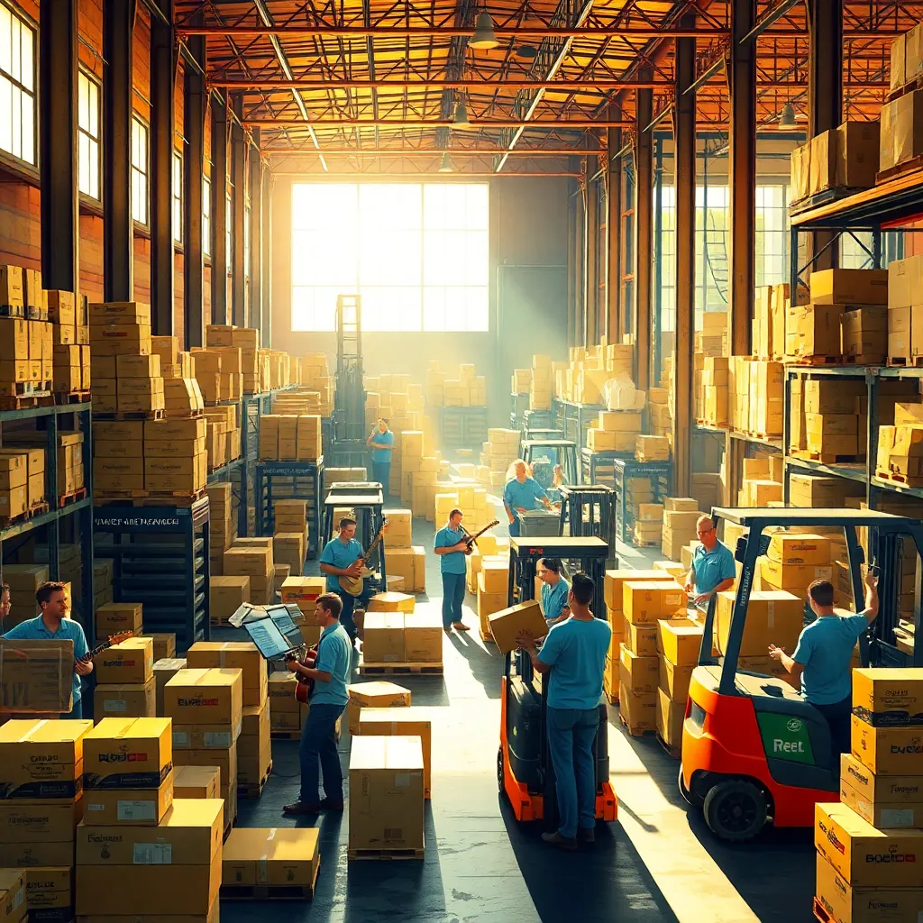 a bustling warehouse with workers joyfully organizing boxes with extraordinary speed while musicians perform nearby, forklifts moving gracefully, dramatic sunlight through industrial windows, colorful Mediterranean-inspired atmosphere, realistic and energetic scene
