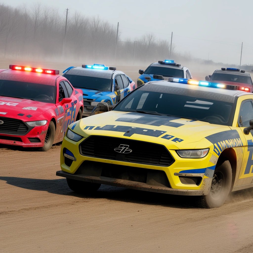 Police cars chasing the Super Late Model dirt car