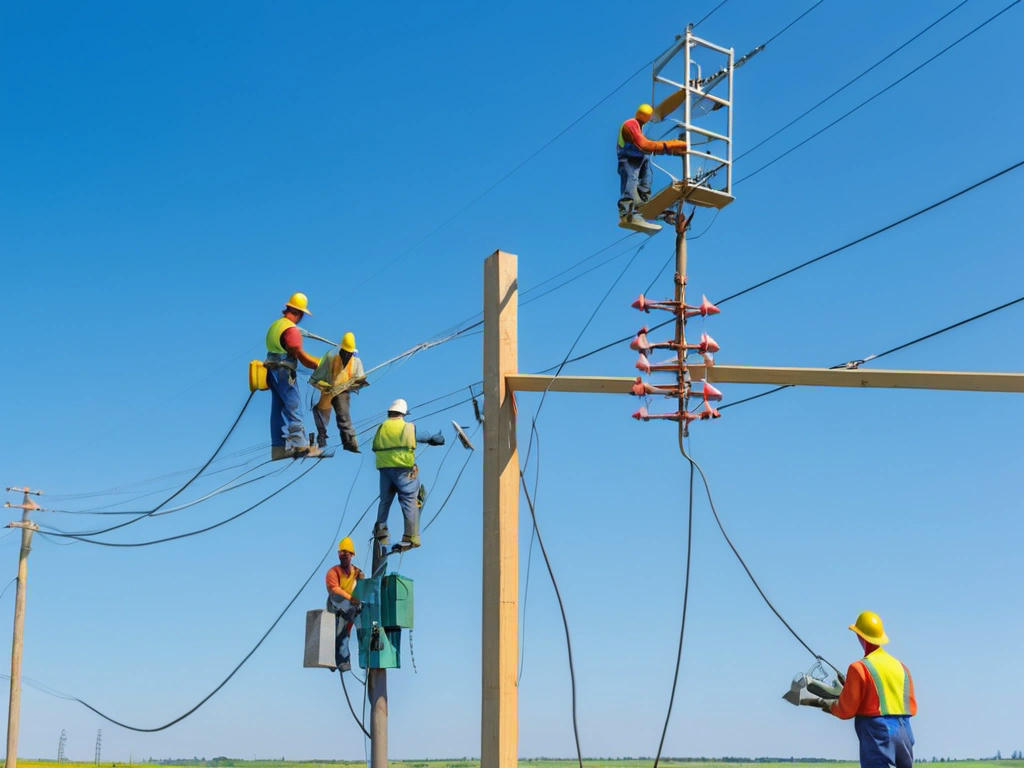 workers installing bird diverters on power lines in a rural area, with a clear blue sky in the background