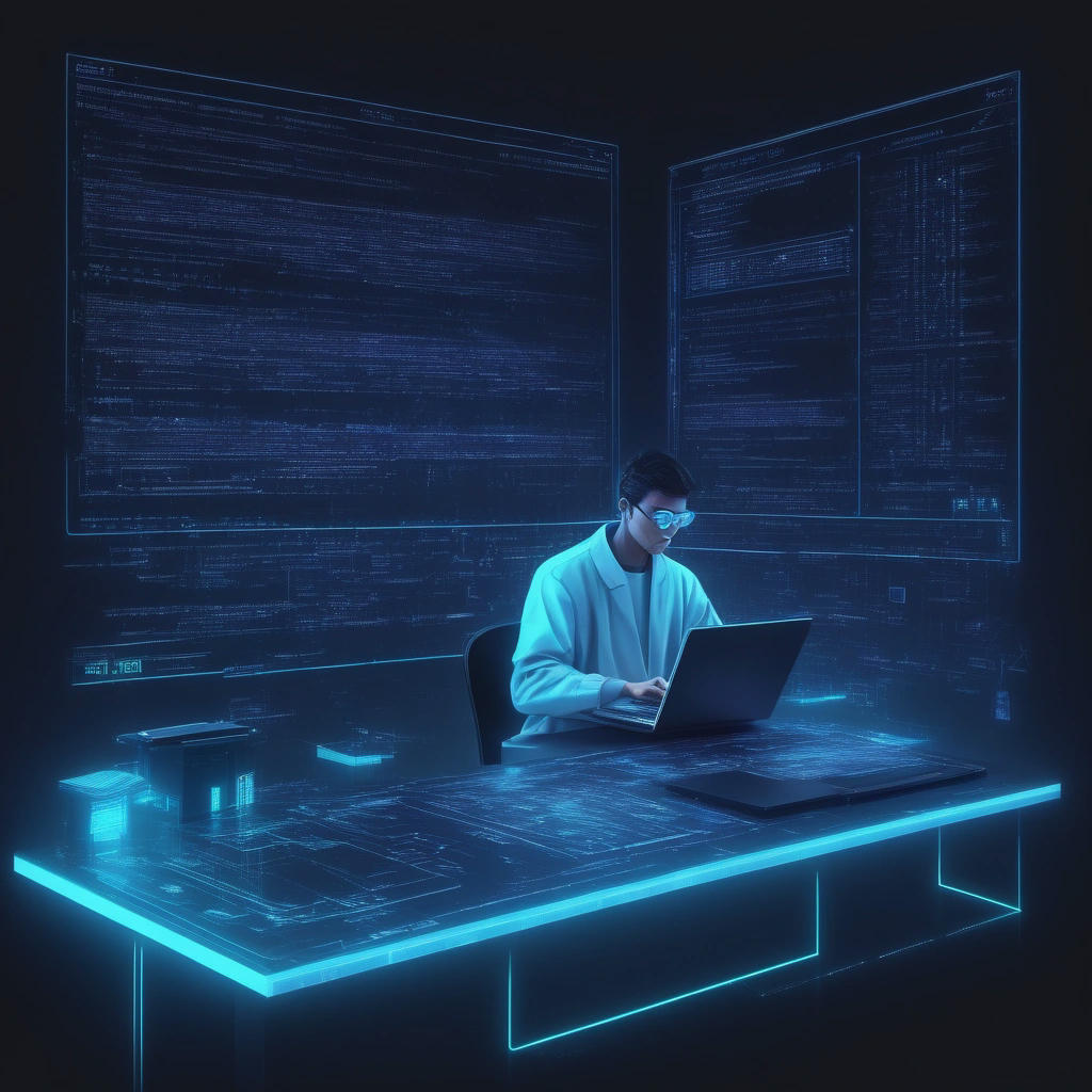 a futuristic illustration of a programmer working on a grammar system, with code and diagrams floating around them, neon lights, coding, programming, raku, perl, perl6, futuristic, high-tech, sci-fi