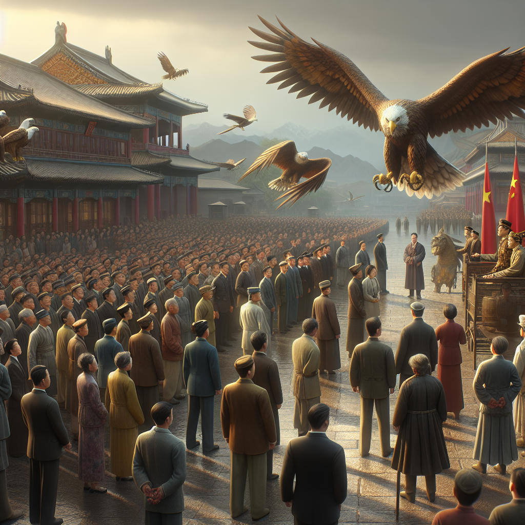 a scene of Chinese officials and citizens reacting to the arrival of war eagles, with a mix of curiosity and caution, high quality, photorealistic, intricate details, cinematic lighting