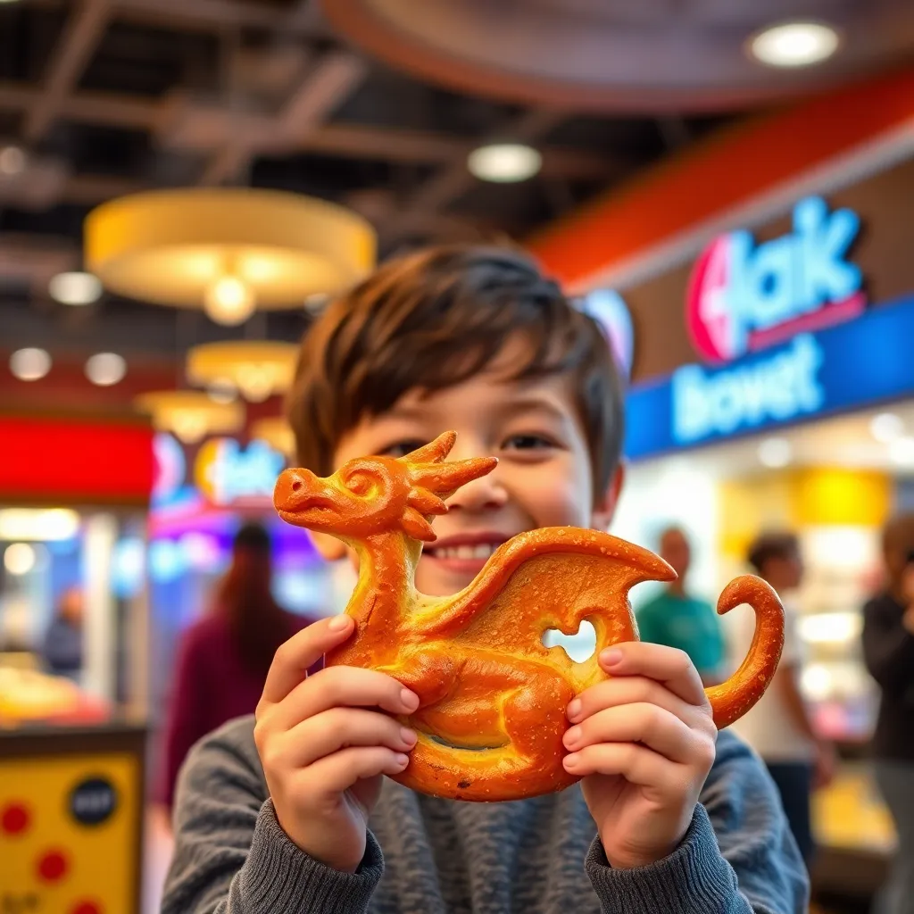 Child with dragon-shaped pretzel, best day ever