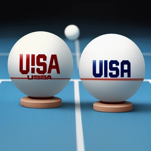 Digital painting of a balancing scale with ping pong balls labeled USA and China