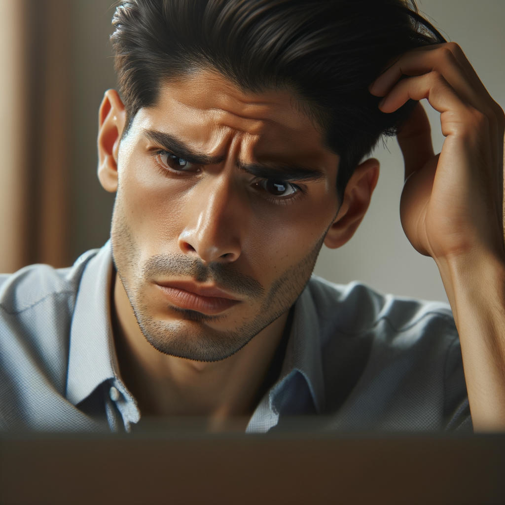 A frustrated man scratching his head while looking at his computer