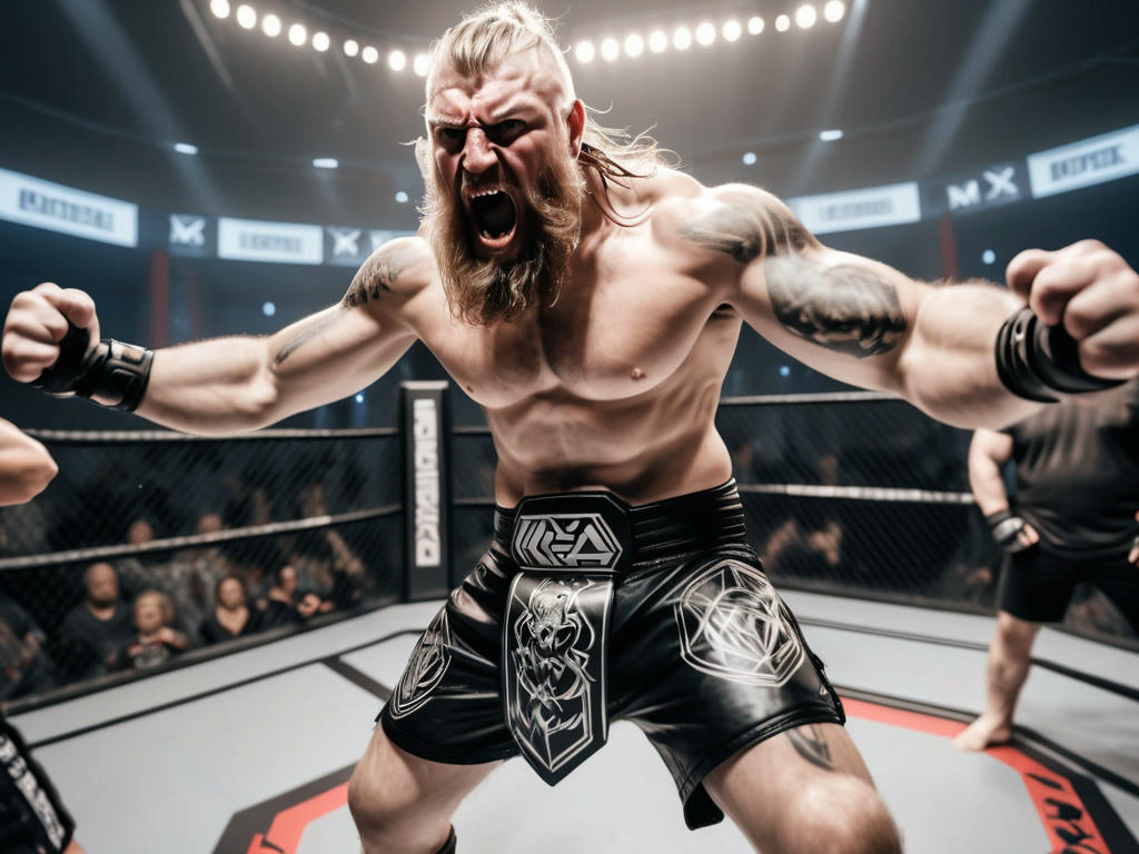 Viking warrior in MMA gear, fighting in a modern octagon, with a cheering crowd and bright lights