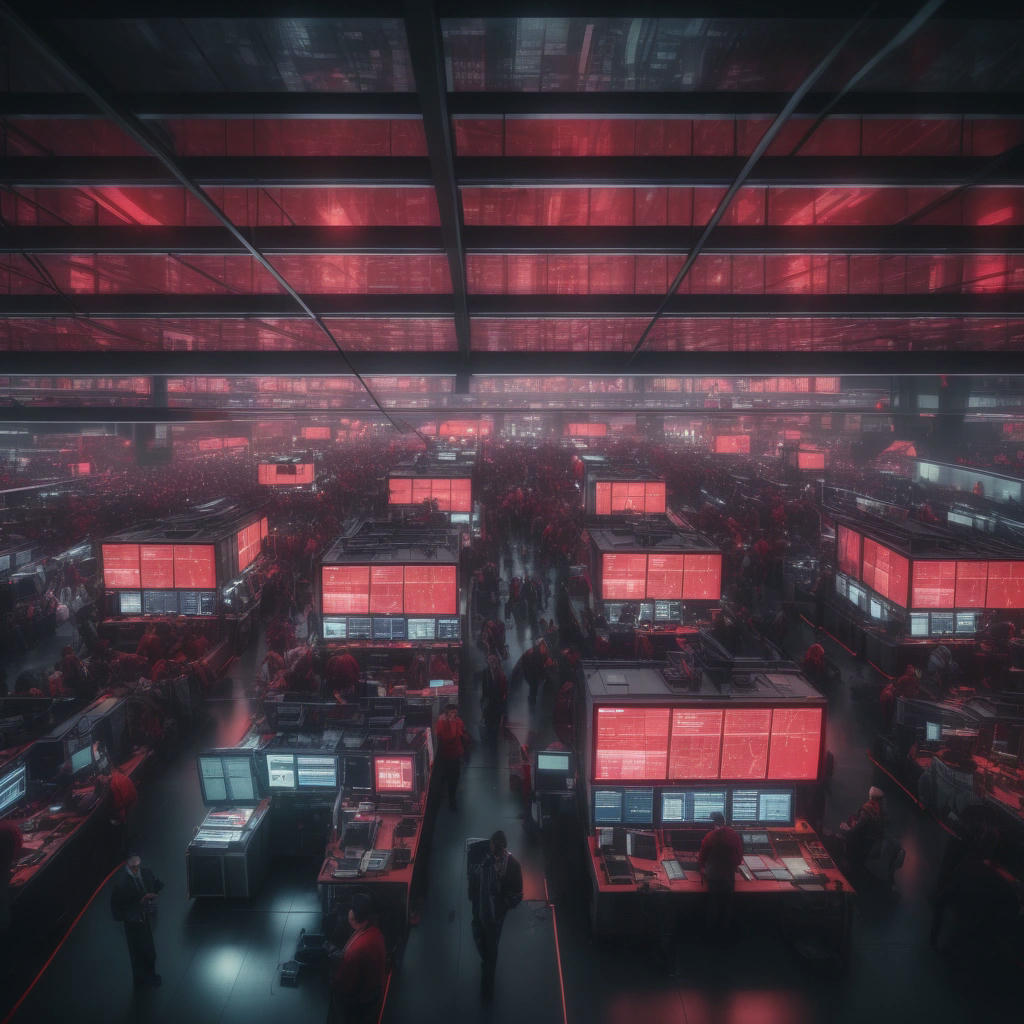 A crowded trading floor, screens flashing red, traders on phones, worried expressions, chaotic atmosphere, cinematic lighting, high contrast, 4k, detailed, intricate, photorealistic