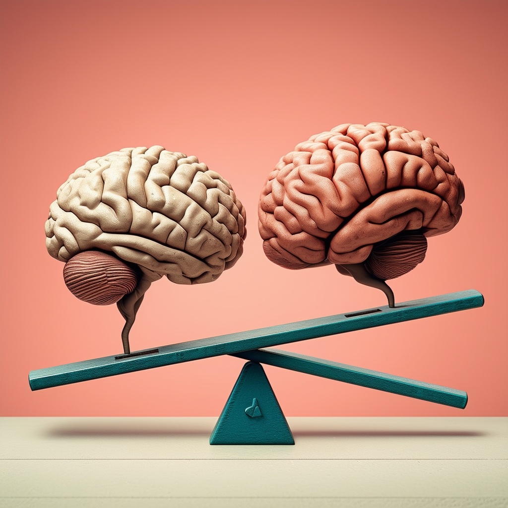 Two contrasting brains, one rigid and one flexible, above a seesaw balancing tech gadgets.