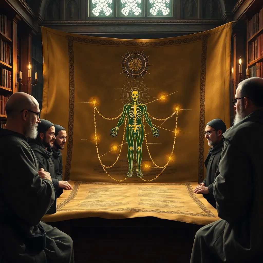 A group of medieval monks in a library looking at a giant ancient scroll that shows a diagram of a human soul being tethered to a physical body with magical golden chains