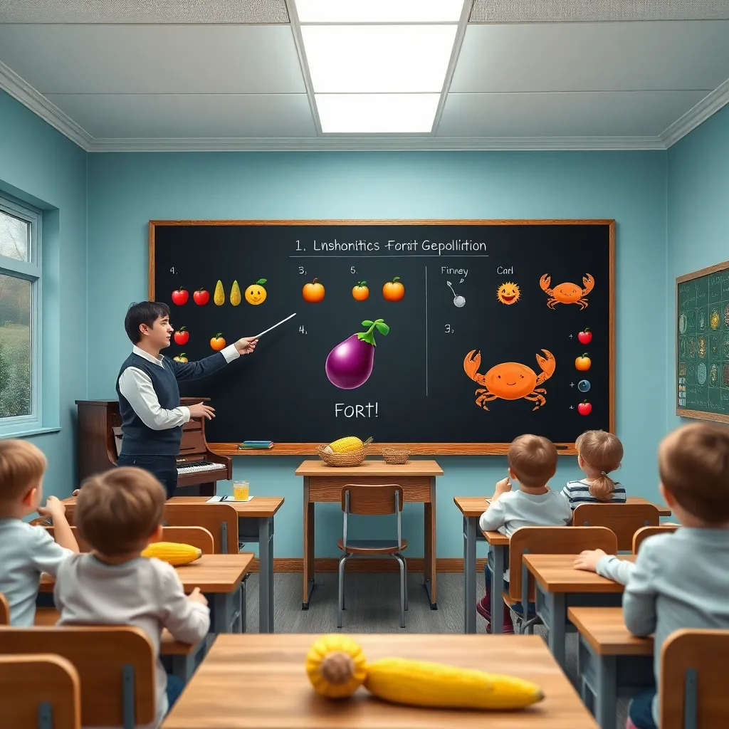 absurd classroom of the future in Ukraine, children studying emoji geopolitics from a blackboard full of symbols, teacher holding a pointer at an eggplant and crab chart, a tiny piano in the corner, corn on desks, bright modern school, playful but realistic
