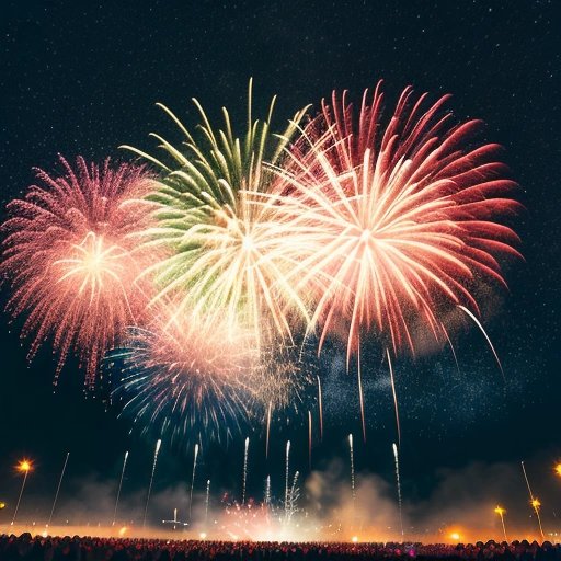 Burst of confetti and small fireworks lighting up the night sky