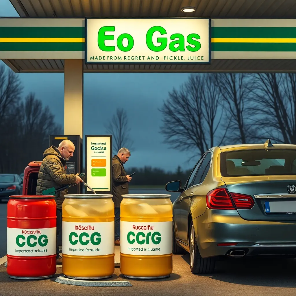 Russian gas station with a sign 'Eco Gas: Made from Regret and Pickle Juice', customers filling cars with liquid from barrels labeled 'Imported from Ukraine (irony included)'