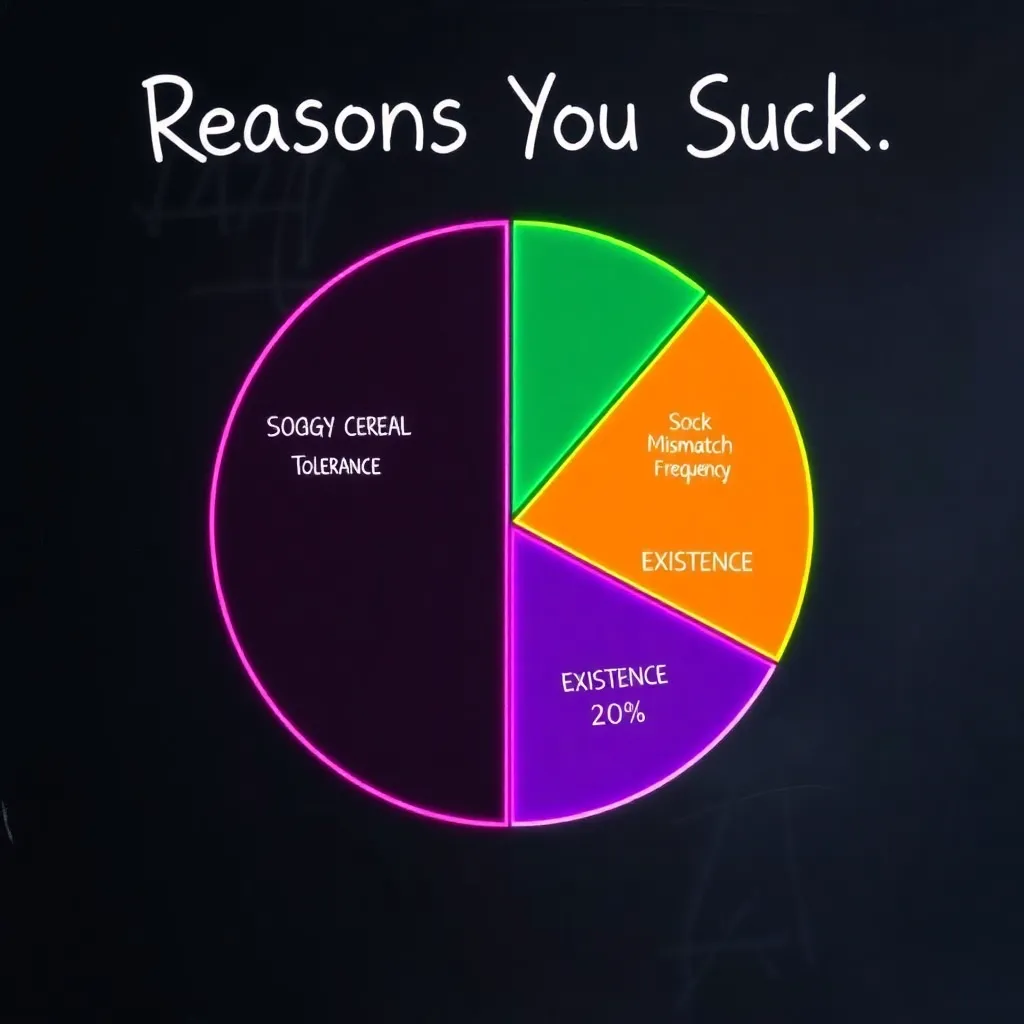 absurd pie chart titled 'Reasons You Suck' with slices labeled 'Soggy Cereal Tolerance (42%)', 'Sock Mismatch Frequency (38%)', 'Existence (20%)', rendered in neon colors on a chalkboard