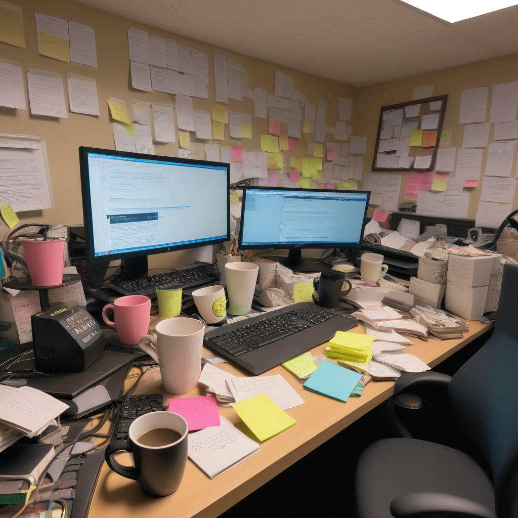 A developer’s desk with reminder notes like ‘mind your loops’ and ‘debug in light,’ to avoid gruesome coding errors.