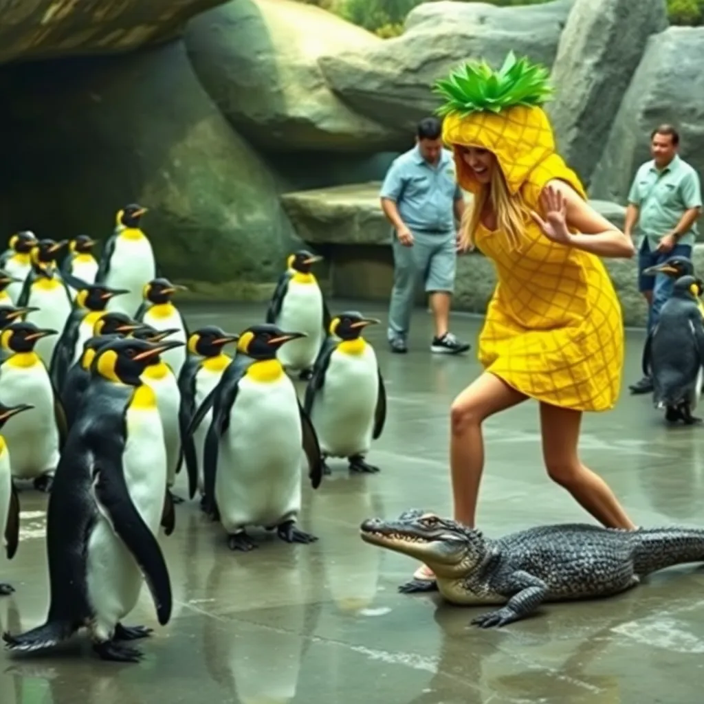 inside a penguin habitat at a Florida zoo, a cluster of penguins huddled together looking skeptical and alarmed, while nearby a pineapple-costumed woman demonstrates energetic tap dance steps on wet concrete, one foot raised dramatically, with a live alligator beside her in a bizarre dance pose, zoo staff approaching in the background, vivid detail, realistic lighting, chaotic news scene