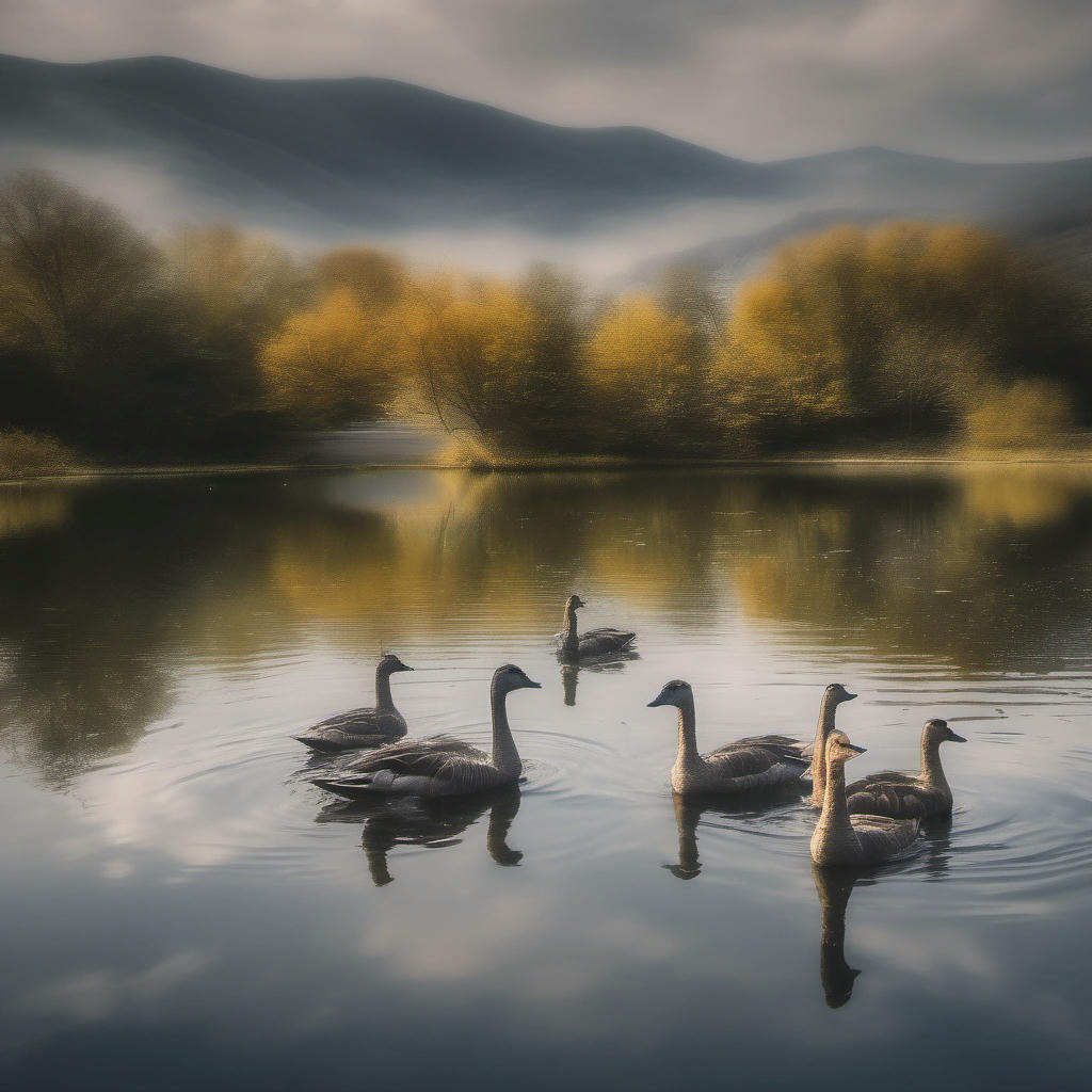 Swimming geese, breaking waves in harmony.