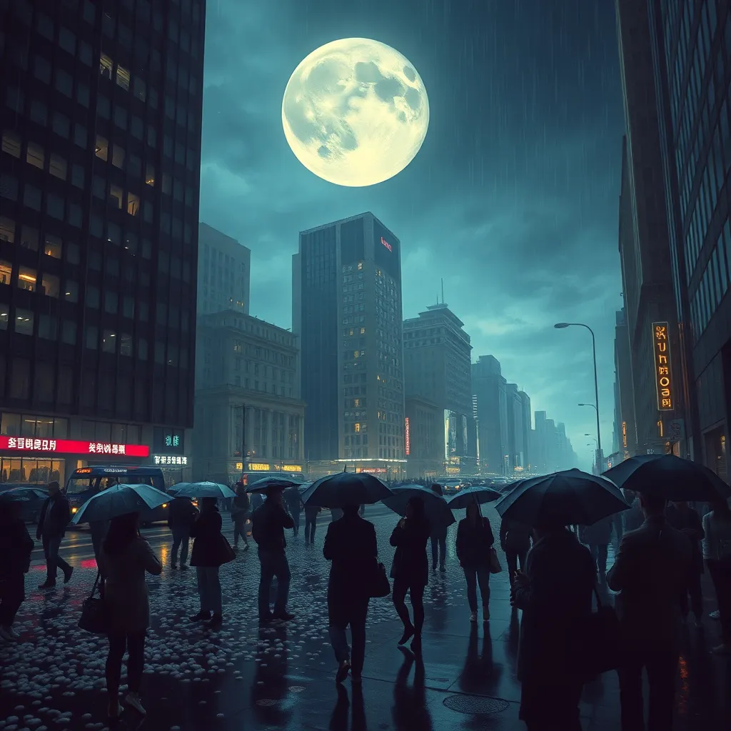 central surreal city mirror reflecting only a dense, profound nothingness, citizens reacting by crying pebbles, laughing with borrowed childhoods, opening umbrellas under a rain of unused possibilities, moon hanging inside the city's biography, mystical urban night, luminous, impossible realism, highly detailed
