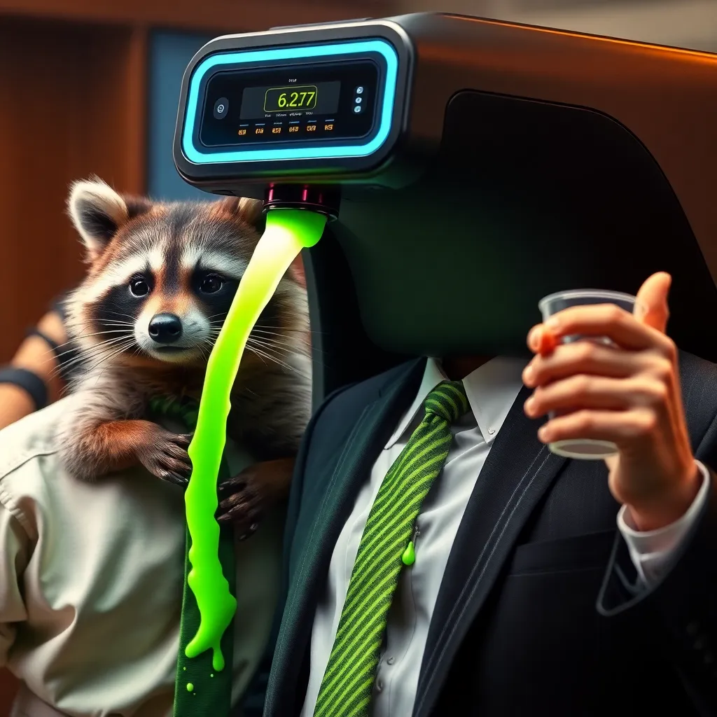 A sleek futuristic drink printer spewing neon-green sludge onto a confused businessman's tie, with a raccoon in the background holding an empty cup and giving a thumbs-up