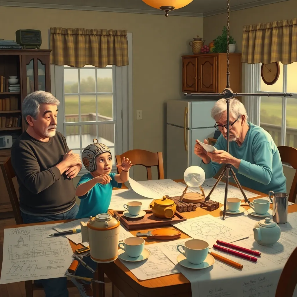 a humorous domestic scene of ordinary people inventing in their homes, kitchen tables covered in blueprints, tools, teacups, a child presenting a homemade robot, grandparents testing a bizarre curtain rod weather station, warm evening light, richly detailed