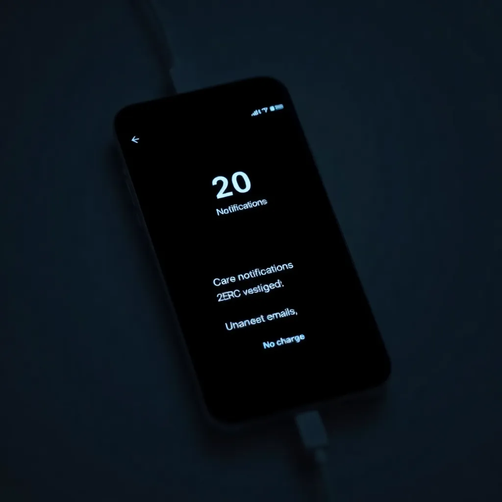 glowing smartphone screen displaying exactly zero notifications, zero unread emails, and a battery icon showing 100% with no charging cable attached