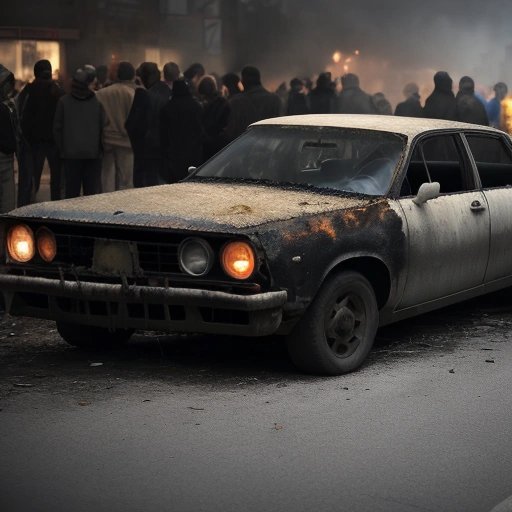 Crowd gathering near the car wreckage
