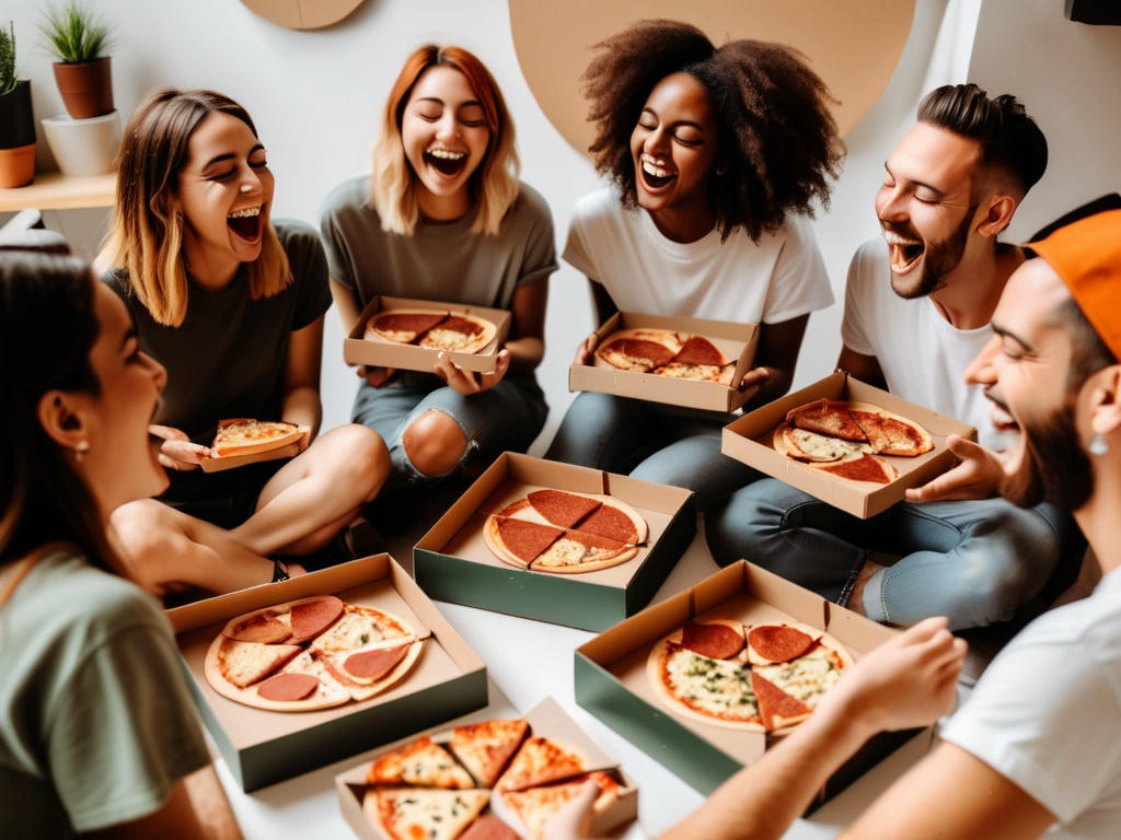 a group of friends laughing and enjoying pizza, with round pizzas in square boxes and triangular slices on their plates