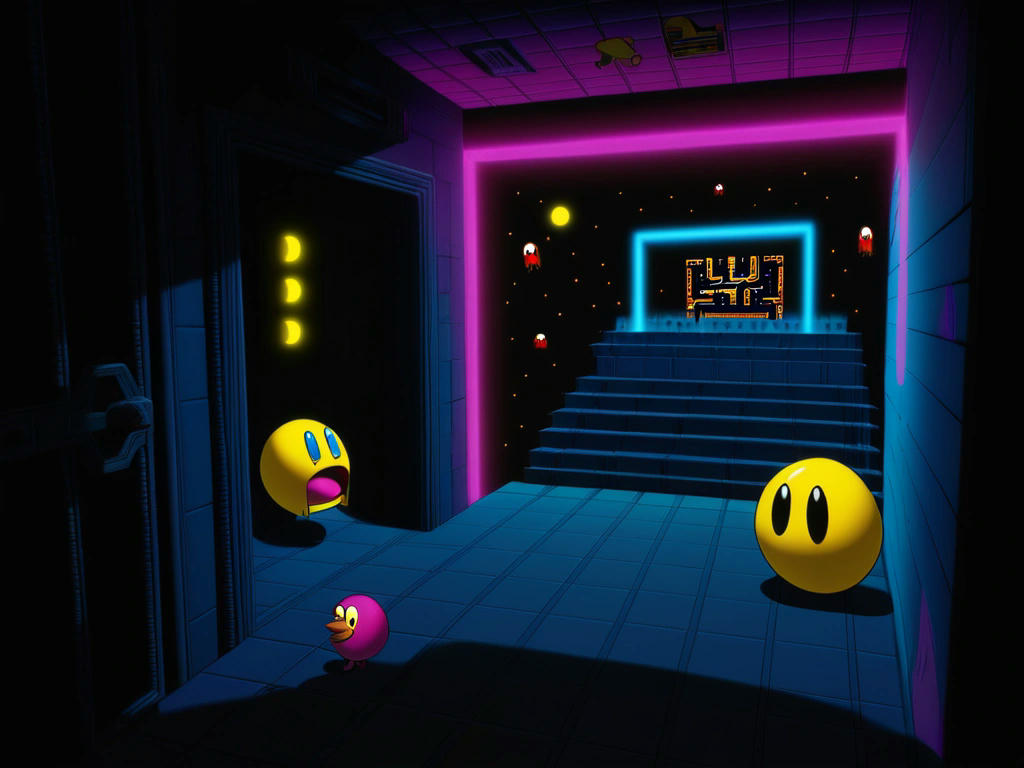 Pac-Man and Ms. Pac-Man sneaking into a dark, ghostly lair filled with glowing power pellets