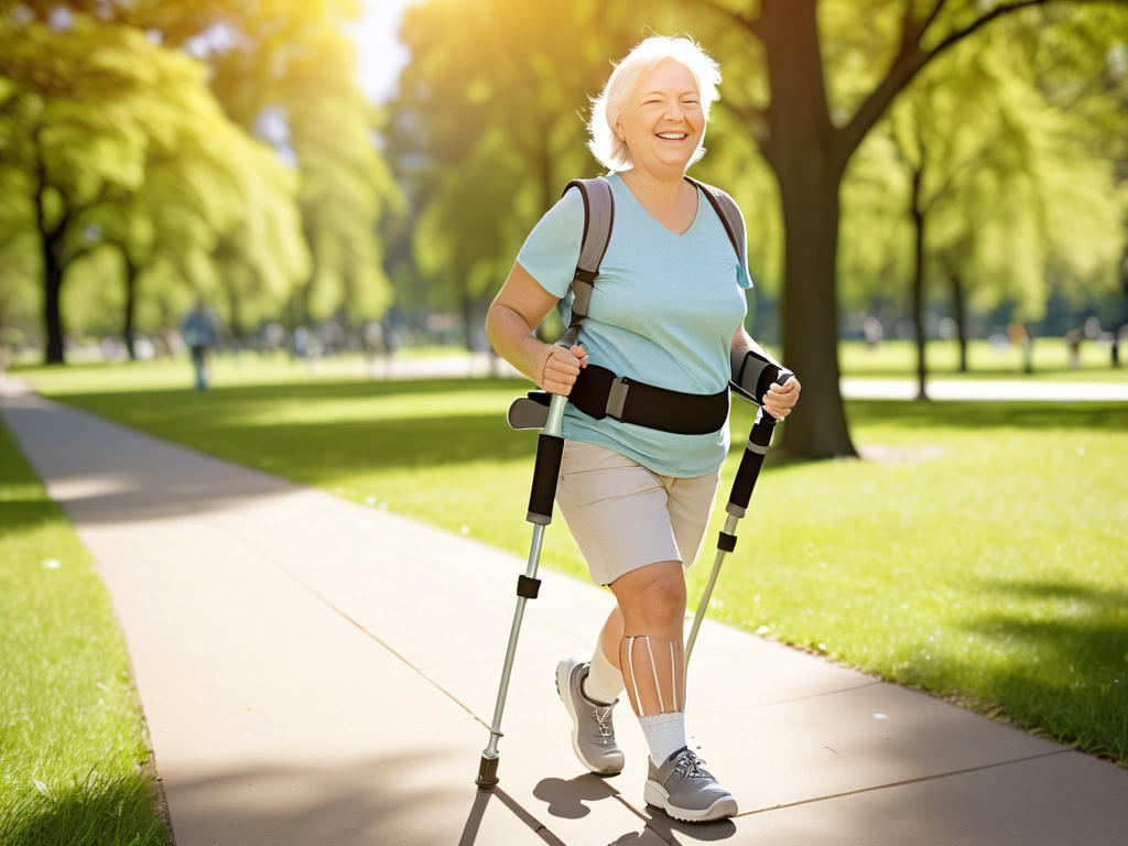 a happy patient walking with a knee brace, smiling and enjoying a sunny day in the park, symbolizing recovery and mobility