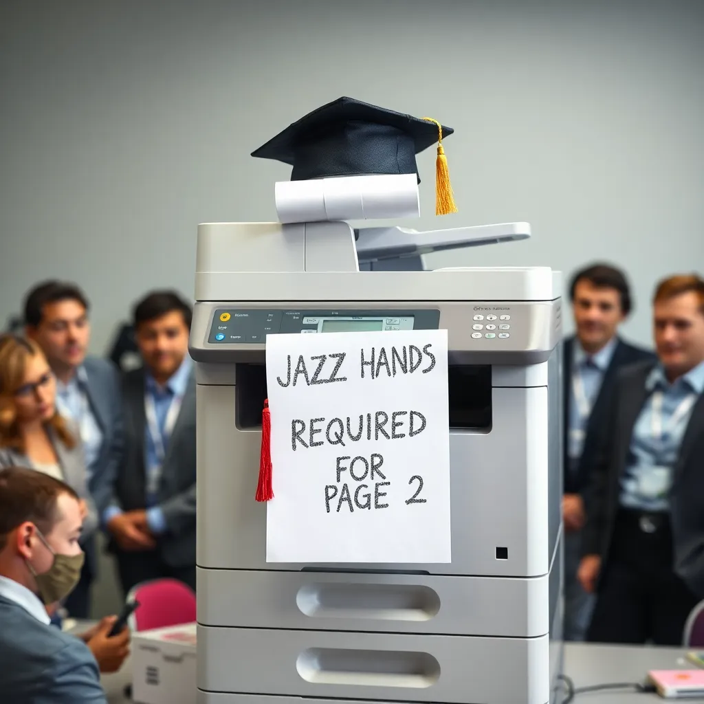 An office photocopier wearing a tiny graduation cap and sash, spitting out paper that reads 'JAZZ HANDS REQUIRED FOR PAGE 2' in glitter ink, surrounded by confused employees
