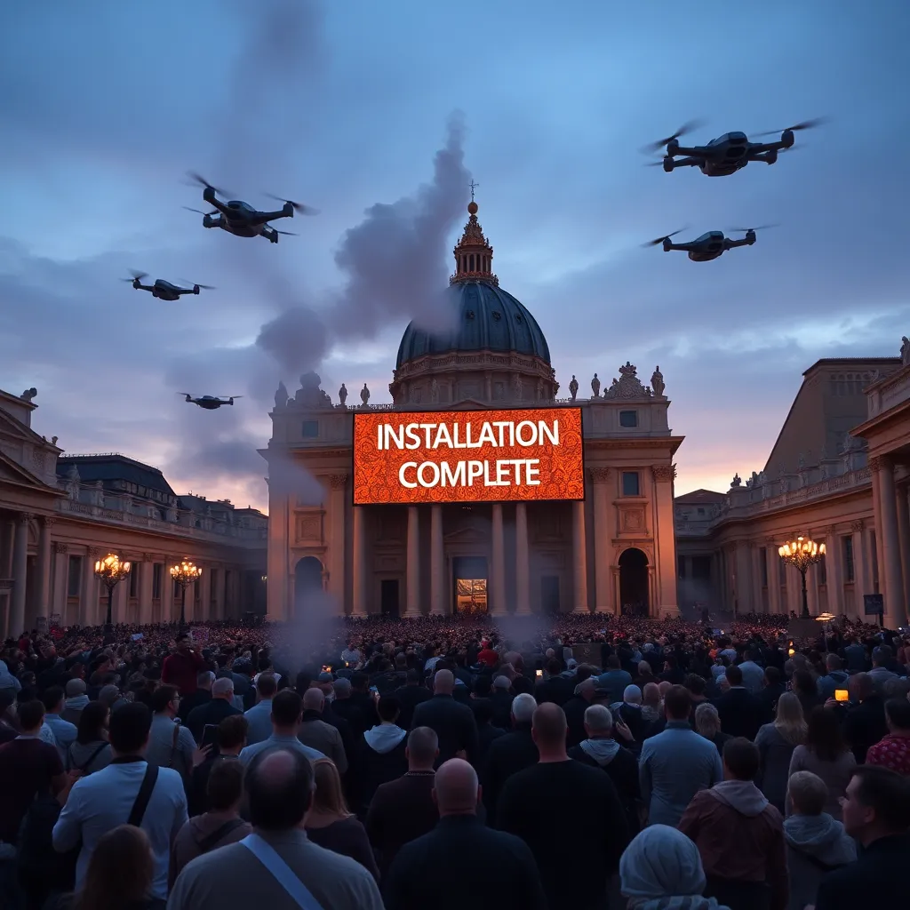 St. Peter's Square at dusk packed with pilgrims looking up at a giant ornate screen reading INSTALLATION COMPLETE, white smoke drifting from chimney, hovering incense drones, joyful chaos, renaissance meets sci-fi, richly detailed, cinematic atmosphere