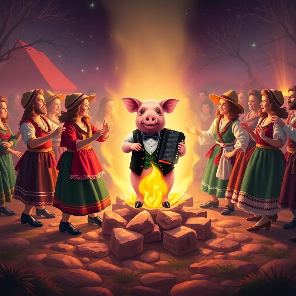 A group of villagers in traditional Rusyn clothing dancing around a futuristic holographic campfire, a pig in a tuxedo playing a tiny accordion in the center, vibrant colors, folk-futurism aesthetic