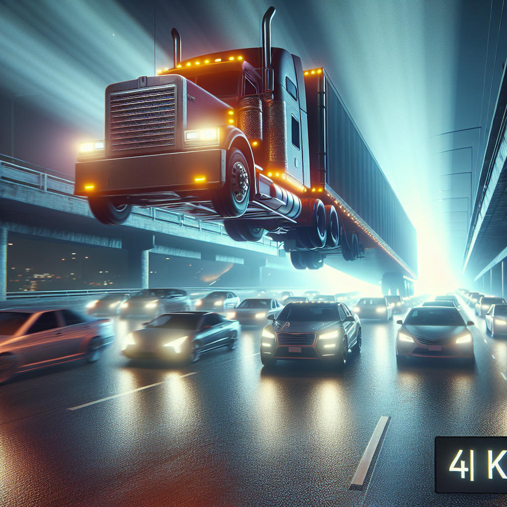 a semi-truck jumping over a row of cars on the highway, dramatic lighting, hyper-realistic, 4k, cinematic, trending on artstation