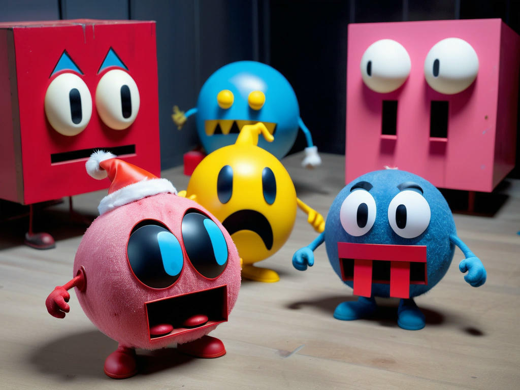 Pac-Man looking distressed as the Ghost of Christmas Present shows him scenes of his current life being chased by Blinky, Pinky, Inky, and Clyde