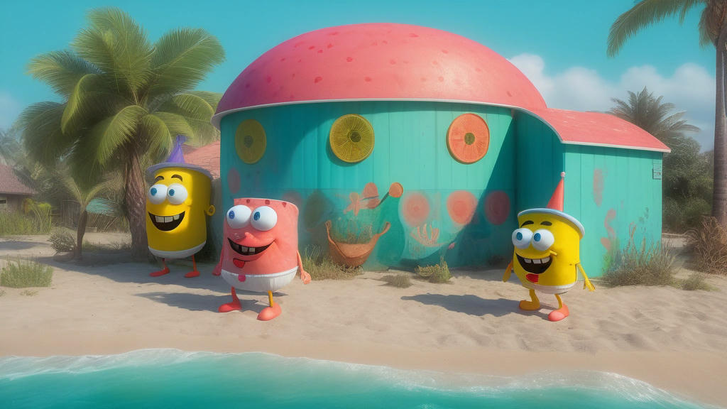 Bikini Bottom residents rallying around SpongeBob, Squidward painting mural on watermelon house, Sandy Cheeks helping, vibrant underwater community, whimsical and detailed, photorealistic, cinematic lighting