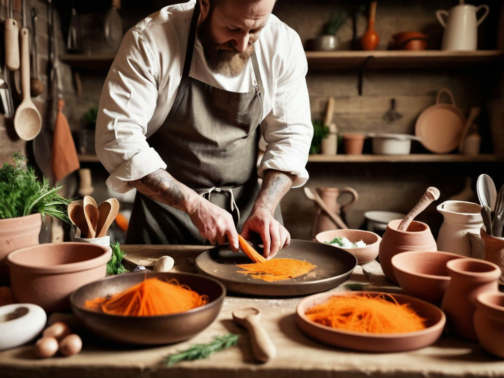 a rustic kitchen scene with a chef preparing a carrot dish, various kitchen utensils and ingredients around