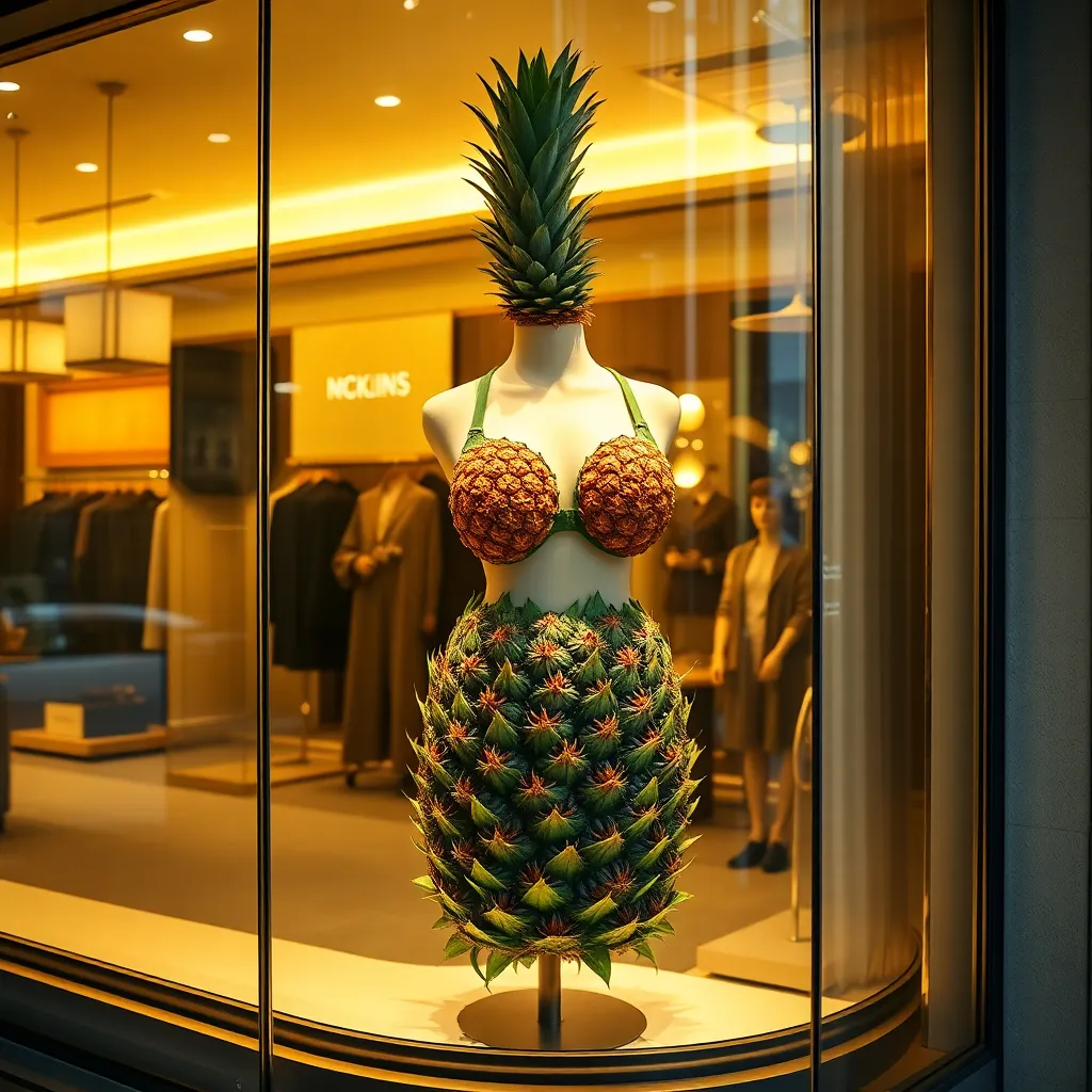 A luxury boutique display window featuring a mannequin wearing a bra made of two large pineapples and a skirt made of sharp green pineapple leaves, golden lighting, high-end retail aesthetic