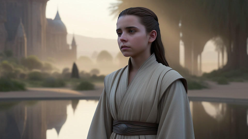 a young Jedi named Elara, standing in a serene Naboo landscape, with a sense of reflection and hope, high quality, extremely detailed, cinematic lighting, photorealistic