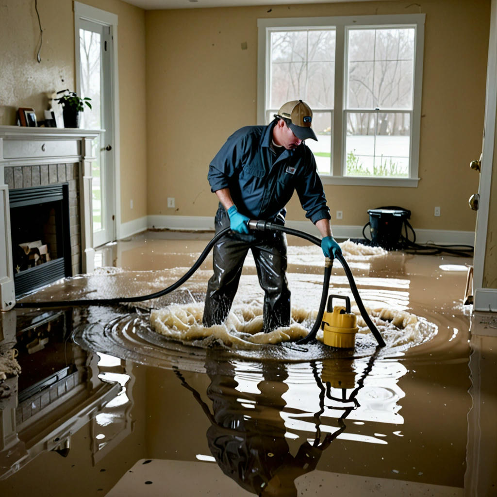 A person using a pump to remove water from a flooded room