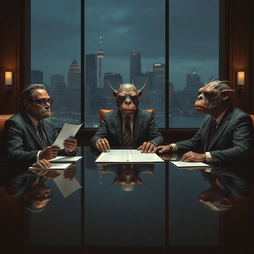 a dramatic boardroom at night with city skyline outside, executives in expensive suits sitting around a polished table while three dignified swamp beings review charts, one creature wearing reading glasses, papers slightly damp, elegant absurd corporate realism