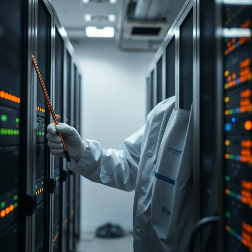 A close-up documentary photograph of a technician in a cleanroom suit using a copper dowsing rod to inspect a rack of blinking servers, sterile laboratory lighting, professional technical reportage